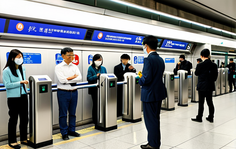 A professional photograph capturing the serene and efficient atmosphere of the Taipei MRT. A diverse group of people, fully clothed in modest, modern casual and professional attire, are standing orderly on a spotless, brightly lit platform. One individual is gently tapping an EasyCard on a turnstile, while a gleaming, silent MRT train arrives in the background. The scene emphasizes cleanliness, order, and advanced urban transportation, perfect anatomy, correct proportions, natural pose, well-formed hands, proper finger count, natural body proportions, safe for work, appropriate content, fully clothed, professional.