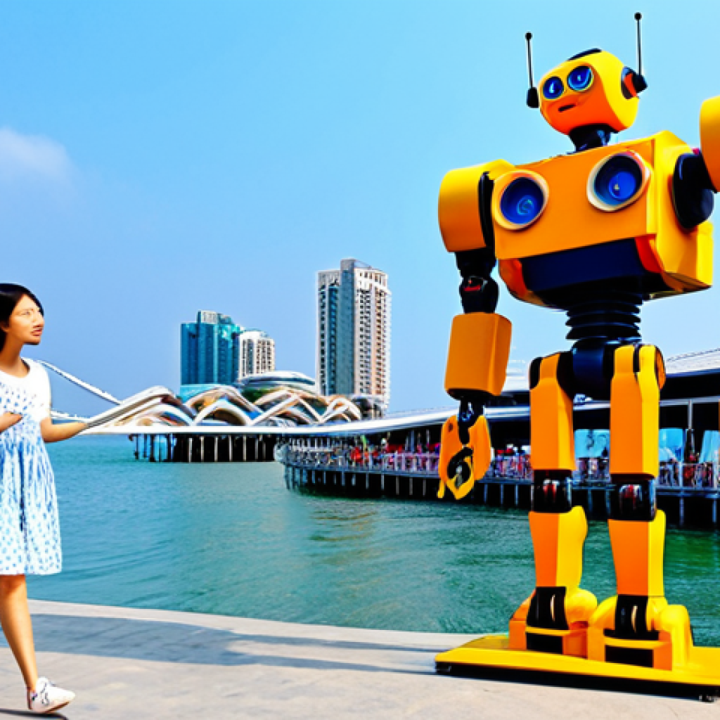 Pier-2 Art Center**
"A vibrant and colorful scene at the Pier-2 Art Center in Kaohsiung. Focus on a fully clothed young woman with well-formed hands, wearing a stylish, modest sundress, standing in front of a large, whimsical robot sculpture. The background includes other art installations and people strolling around. Perfect anatomy, correct proportions, natural pose, professional photography, high quality, safe for work, appropriate content, fully clothed, family-friendly."
**
