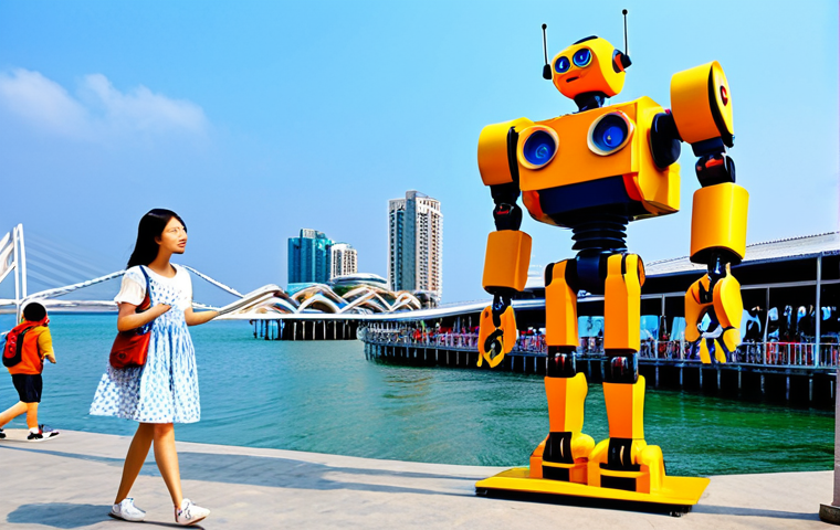Pier-2 Art Center**
"A vibrant and colorful scene at the Pier-2 Art Center in Kaohsiung. Focus on a fully clothed young woman with well-formed hands, wearing a stylish, modest sundress, standing in front of a large, whimsical robot sculpture. The background includes other art installations and people strolling around. Perfect anatomy, correct proportions, natural pose, professional photography, high quality, safe for work, appropriate content, fully clothed, family-friendly."
**