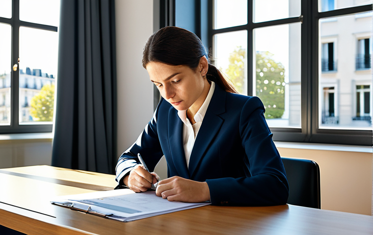 중화민국 역사와 민족성 - **
"A professional businesswoman in a modest business suit, sitting at a desk in a modern office in...