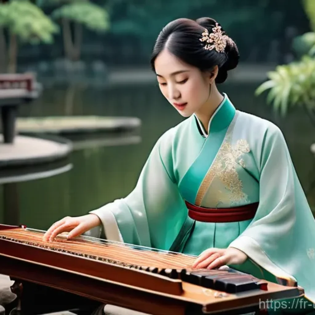 중화민국의 전통 춤과 노래 - **A Serene Guzheng Performance in an Imperial Garden.**
A female Guzheng player, gracefully posi...
