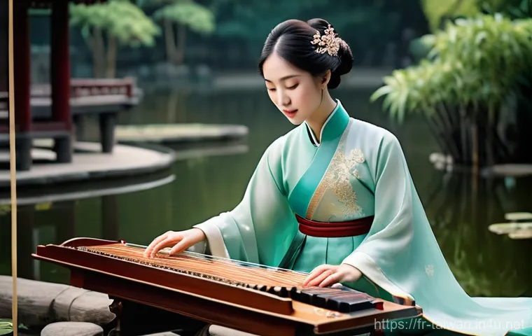 중화민국의 전통 춤과 노래 - **A Serene Guzheng Performance in an Imperial Garden.**
A female Guzheng player, gracefully posi...