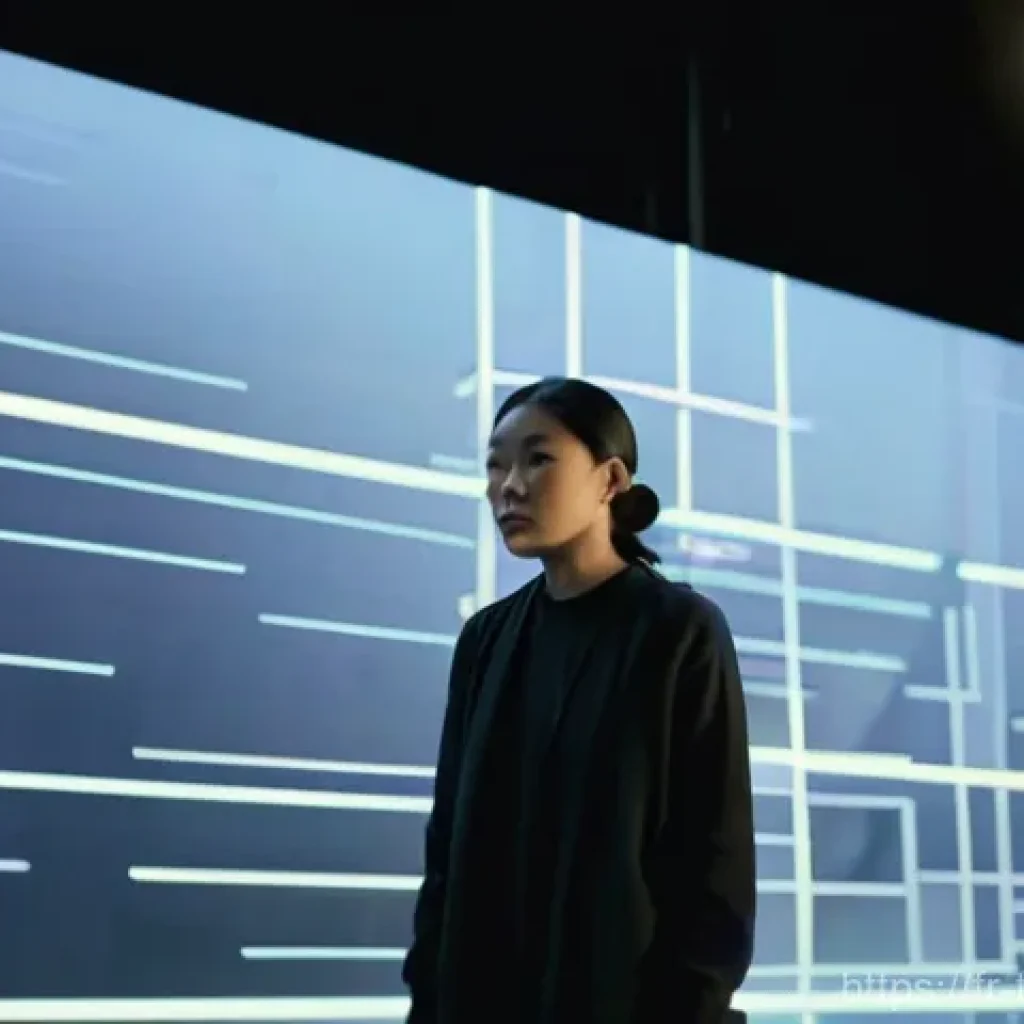 대만의 영화 산업 현황 - **Prompt:** A young, visionary Taiwanese film director, mid-30s, stands on a dimly lit soundstage, s...