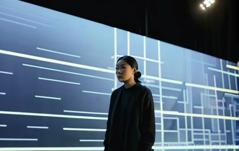 대만의 영화 산업 현황 - **Prompt:** A young, visionary Taiwanese film director, mid-30s, stands on a dimly lit soundstage, s...