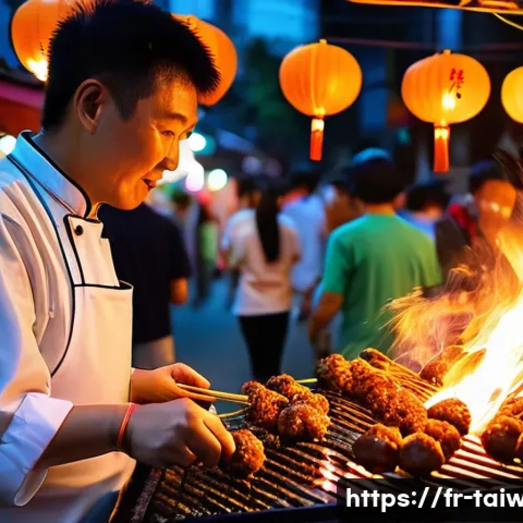 중화민국 대표 간식 - A bustling Taiwanese night market scene featuring a vibrant street food stall where a chef is skillf...