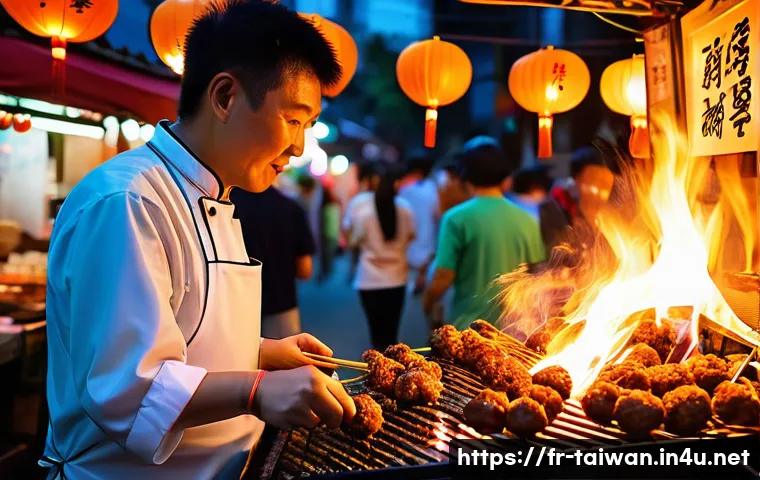 중화민국 대표 간식 - A bustling Taiwanese night market scene featuring a vibrant street food stall where a chef is skillf...