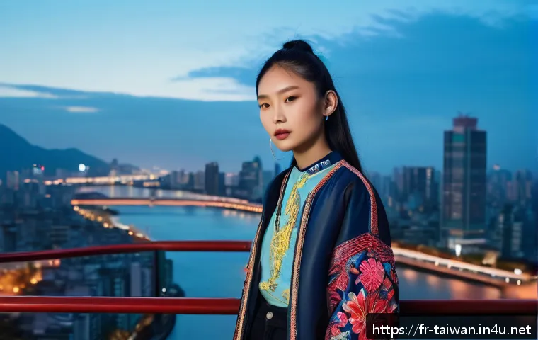 대만의 패션 브랜드 소개 - A modern Taiwanese streetwear outfit blending traditional embroidery motifs with contemporary urban ...