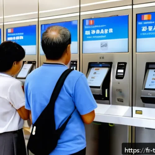 Home 32 대만 현지 우체국 서비스 - A modern Taiwanese post office interior featuring sleek self-service kiosks where diverse customers ...