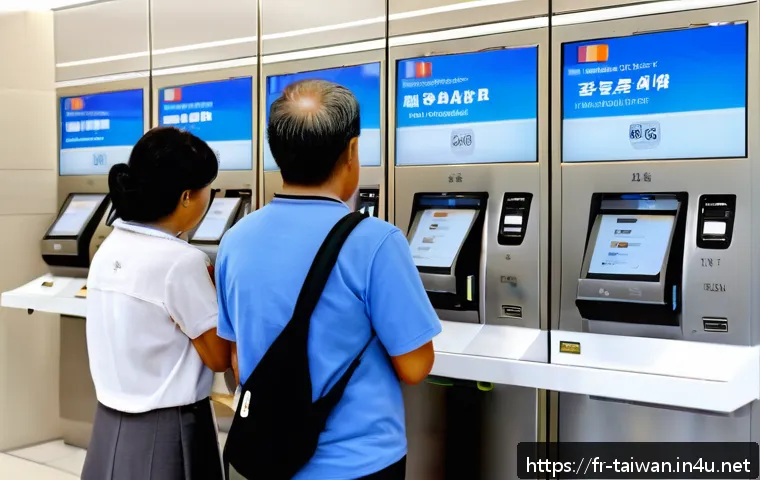 대만 현지 우체국 서비스 - A modern Taiwanese post office interior featuring sleek self-service kiosks where diverse customers ...