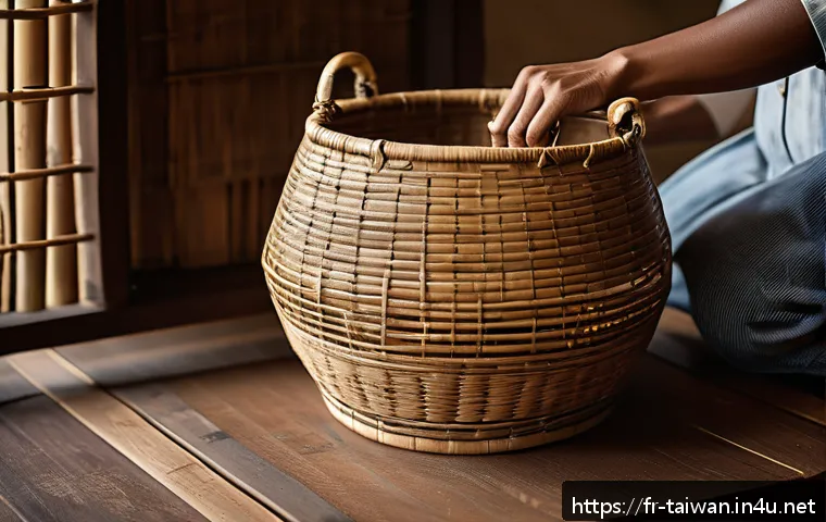 대만의 전통 공예품 구입 팁 - A detailed artisan bamboo basket being handwoven by a skilled craftsman in a traditional workshop se...