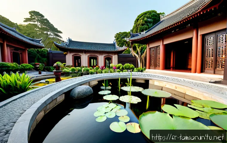 Home 17 대만 정원과 전통 건축 양식 - Photorealistic wide-angle view of a traditional Taiwanese garden at golden morning light, elegant re...