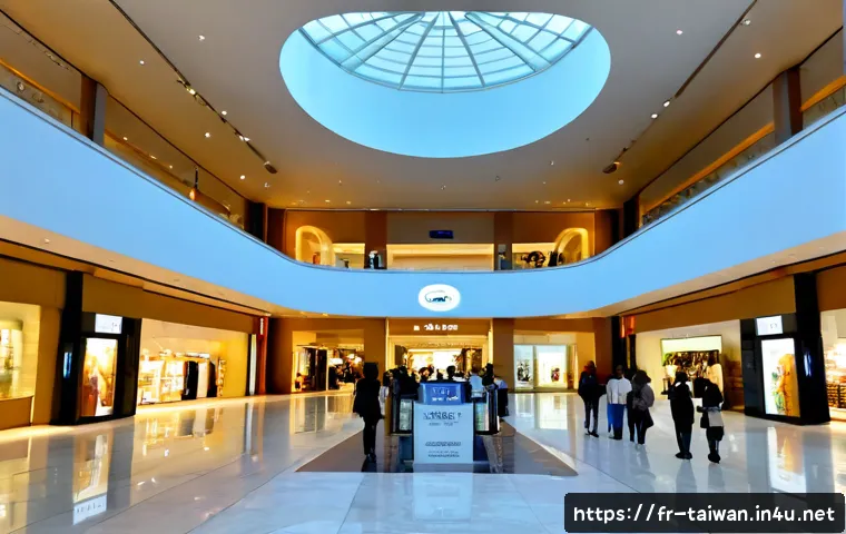 Home 17 타이페이 주요 쇼핑몰 리뷰 - Photorealistic wide interior of a premium Taipei shopping mall, elegant multi-level atrium with skyl...